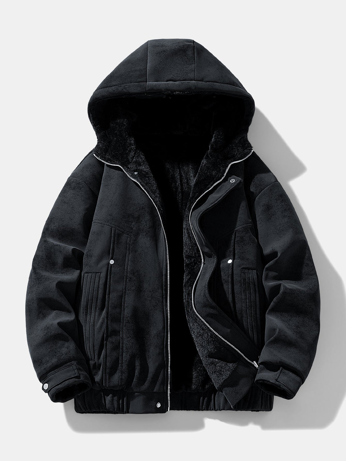 Men's Faux Suede Hooded Winter Jacket with Teddy Fleece Lining – Relaxed Fit Zip-Up Casual Outerwear