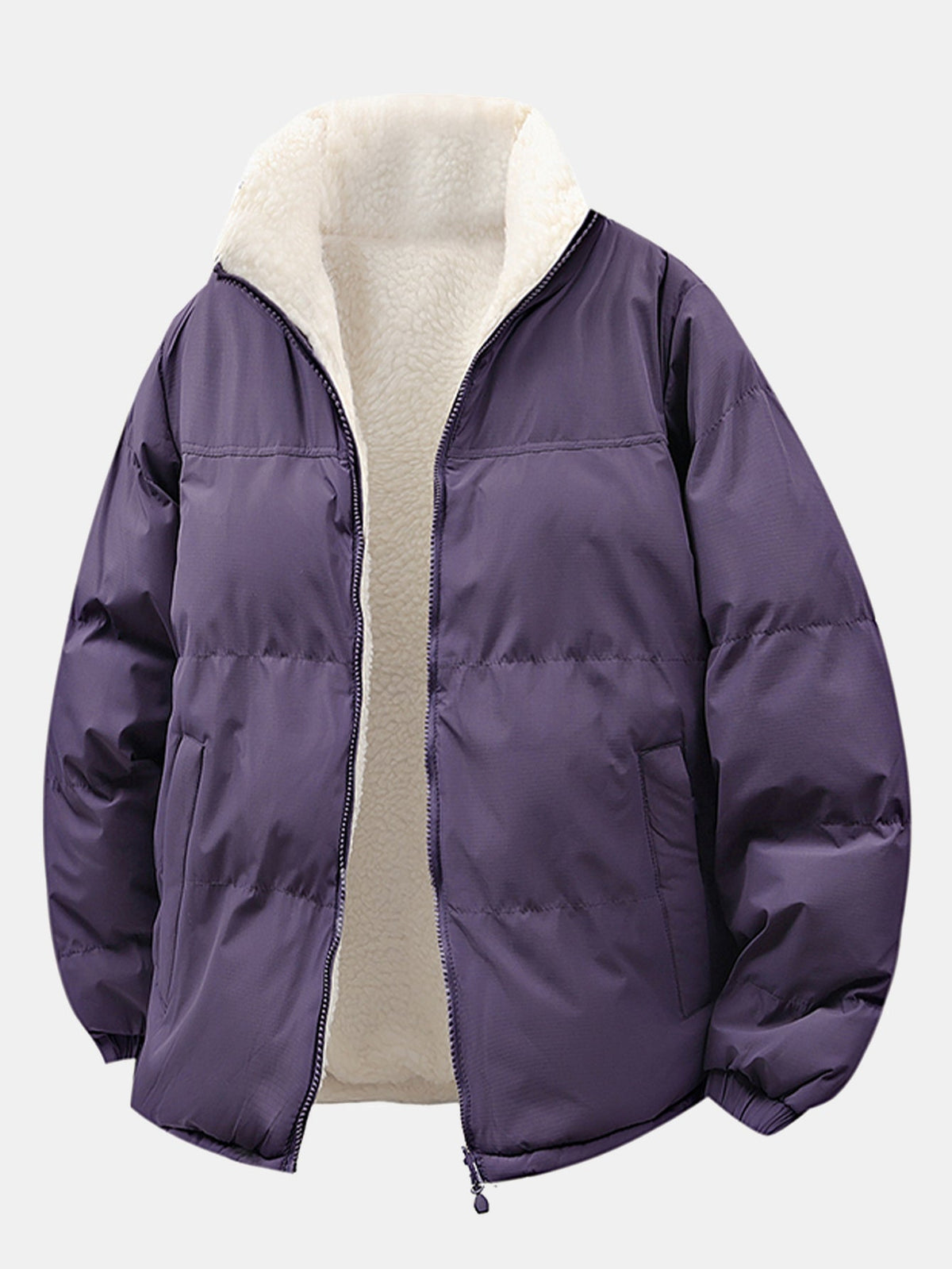 Men's Reversible Teddy Fleece Puffer Jacket with Stand Collar – Relaxed Fit Warm Winter Outerwear