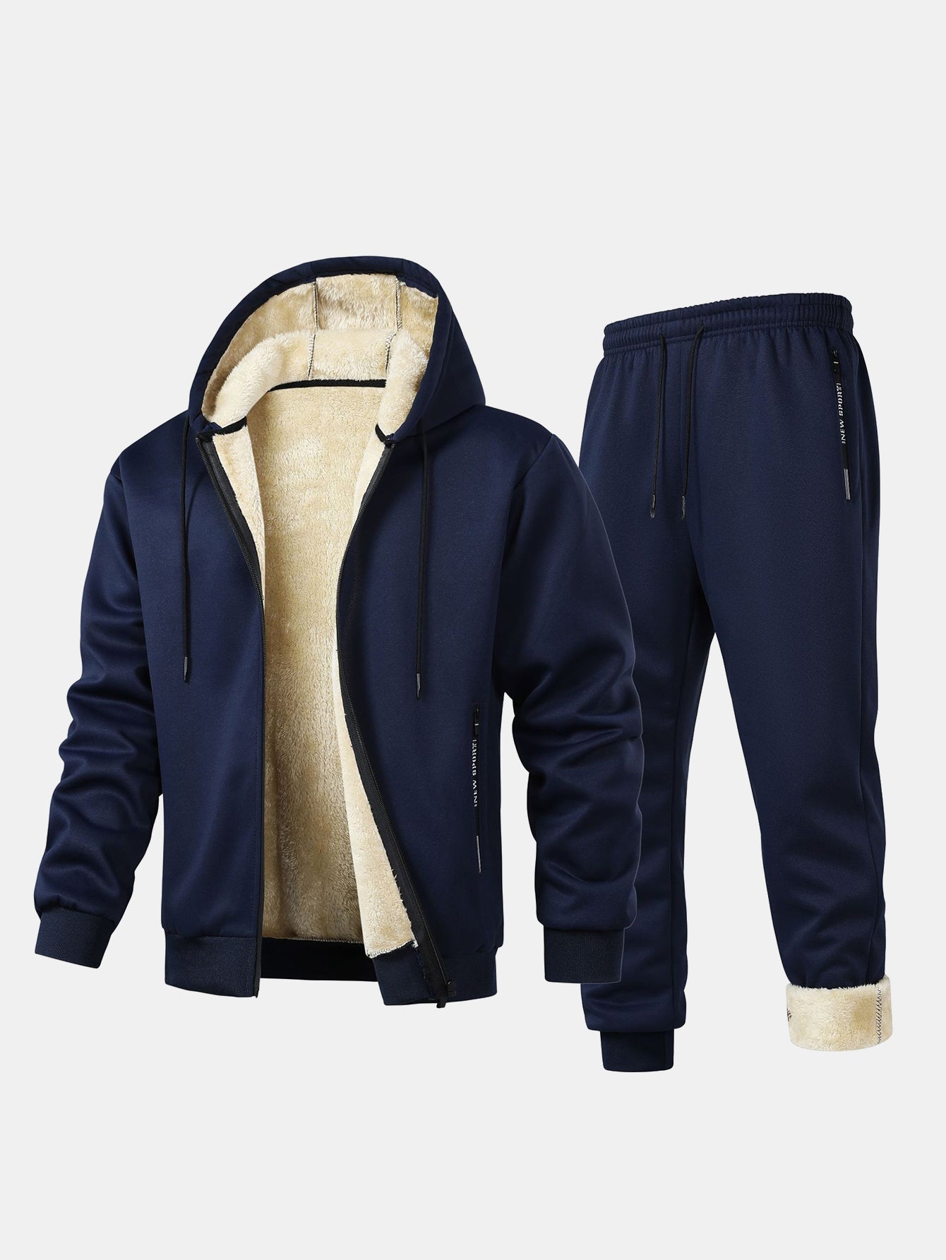 Men’s Teddy-Lined Hooded Tracksuit – Zip Jacket and Joggers for Winter Travel