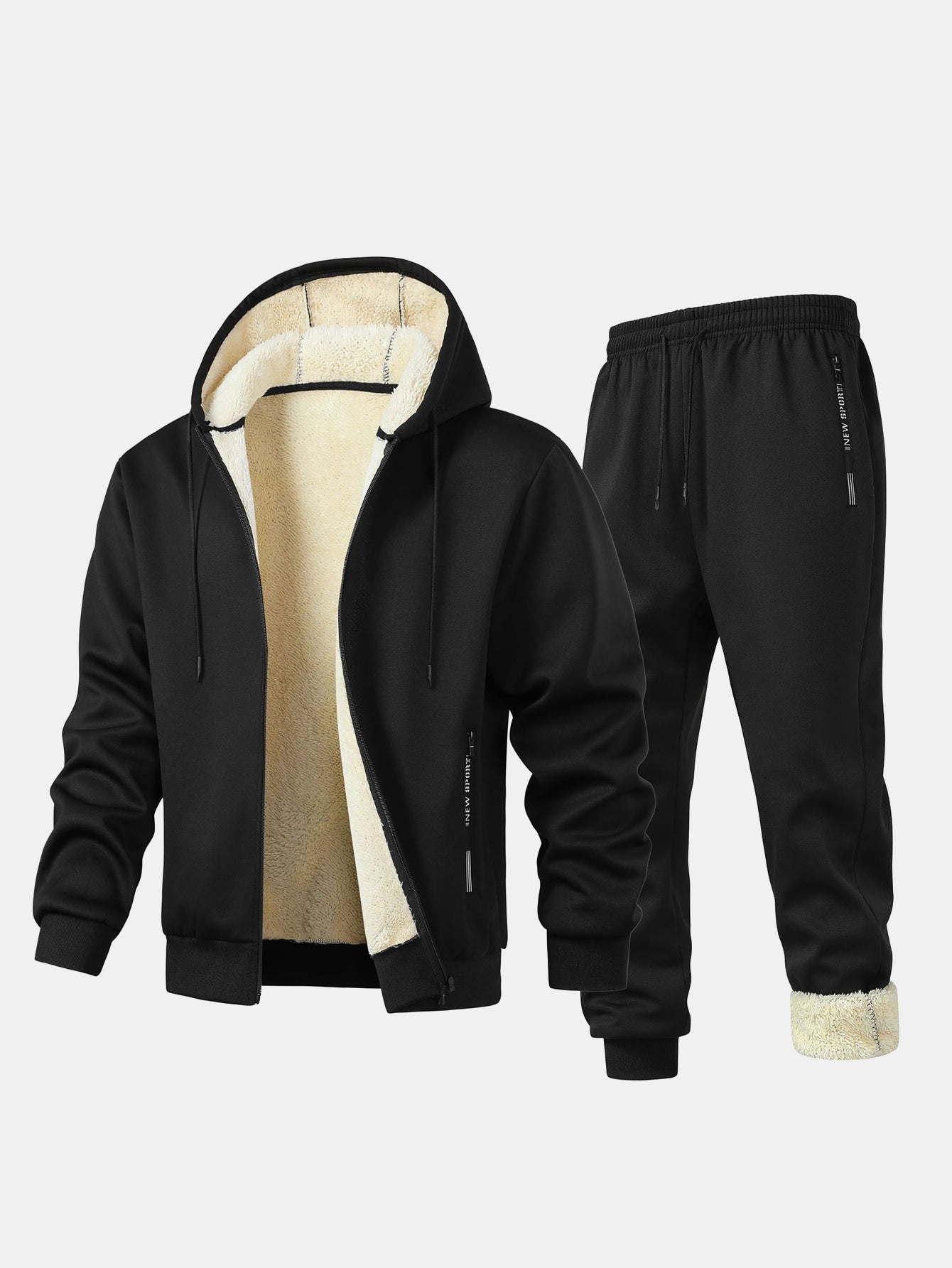 Men’s Teddy-Lined Hooded Tracksuit – Zip Jacket and Joggers for Winter Travel