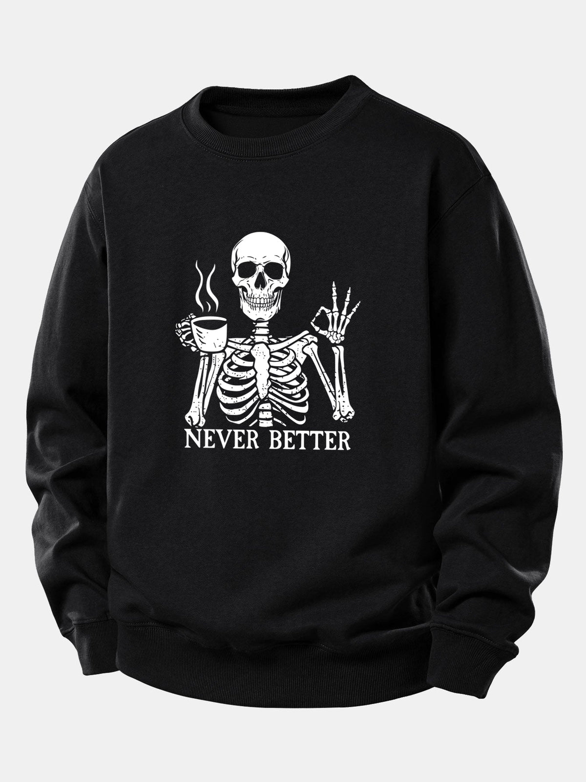 Miesten pyöreäkauluksinen collegepaita luuranko- ja kahvikuvalla – väljä puuvillasekoitteinen rento Halloween-paita