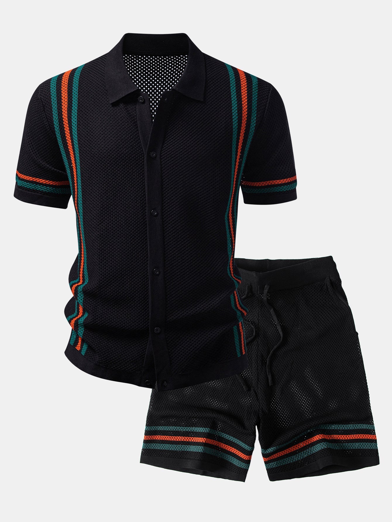 Ensemble chemise et short d’été pour homme – Haut boutonné en maille ajourée avec taille à cordon