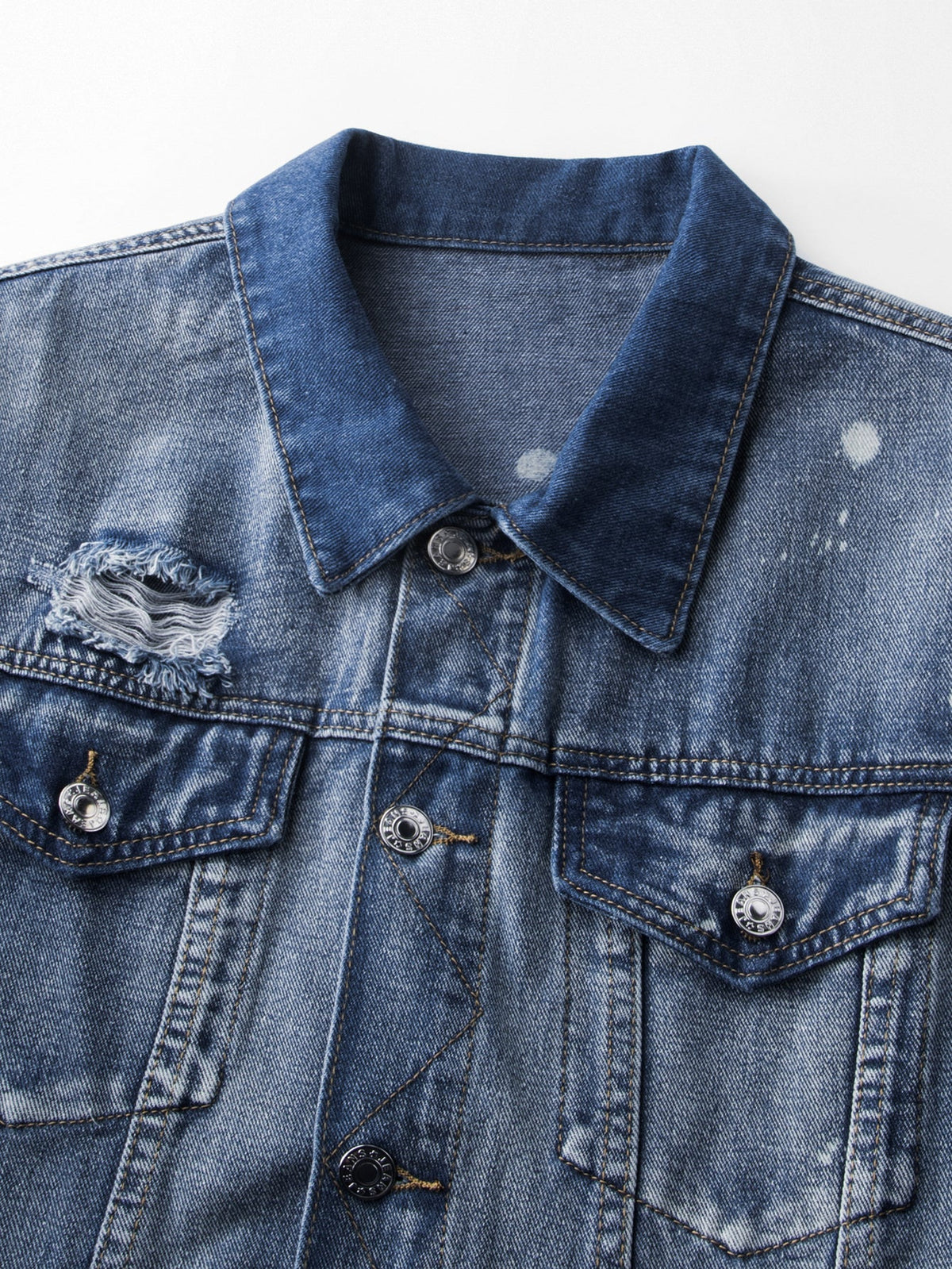 Herren-Jeansjacke im Vintage-Distressed-Look – Verwaschene Baumwolljacke mit Knopfleiste, Farbspritzern und praktischen Taschen für lässige Streetwear