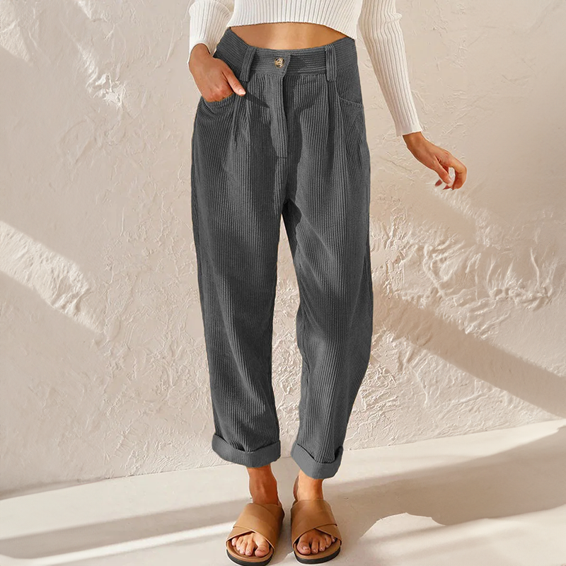 Pantalon en velours côtelé taille haute pour femme – Coupe fuselée à plis, idéal pour l’automne