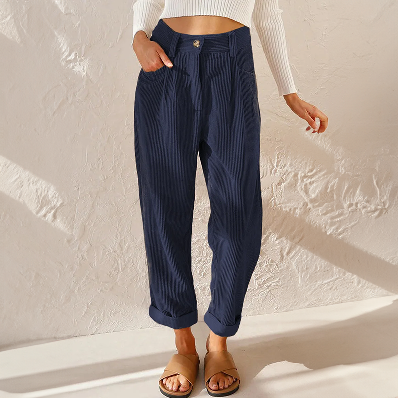 Pantalon en velours côtelé taille haute pour femme – Coupe fuselée à plis, idéal pour l’automne