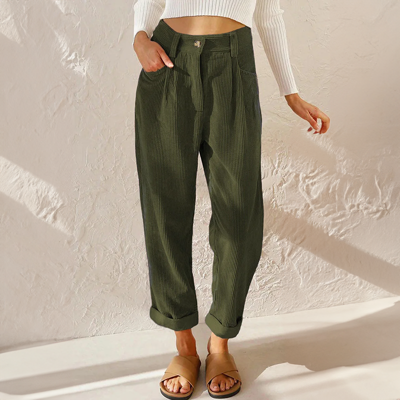 Pantalon en velours côtelé taille haute pour femme – Coupe fuselée à plis, idéal pour l’automne