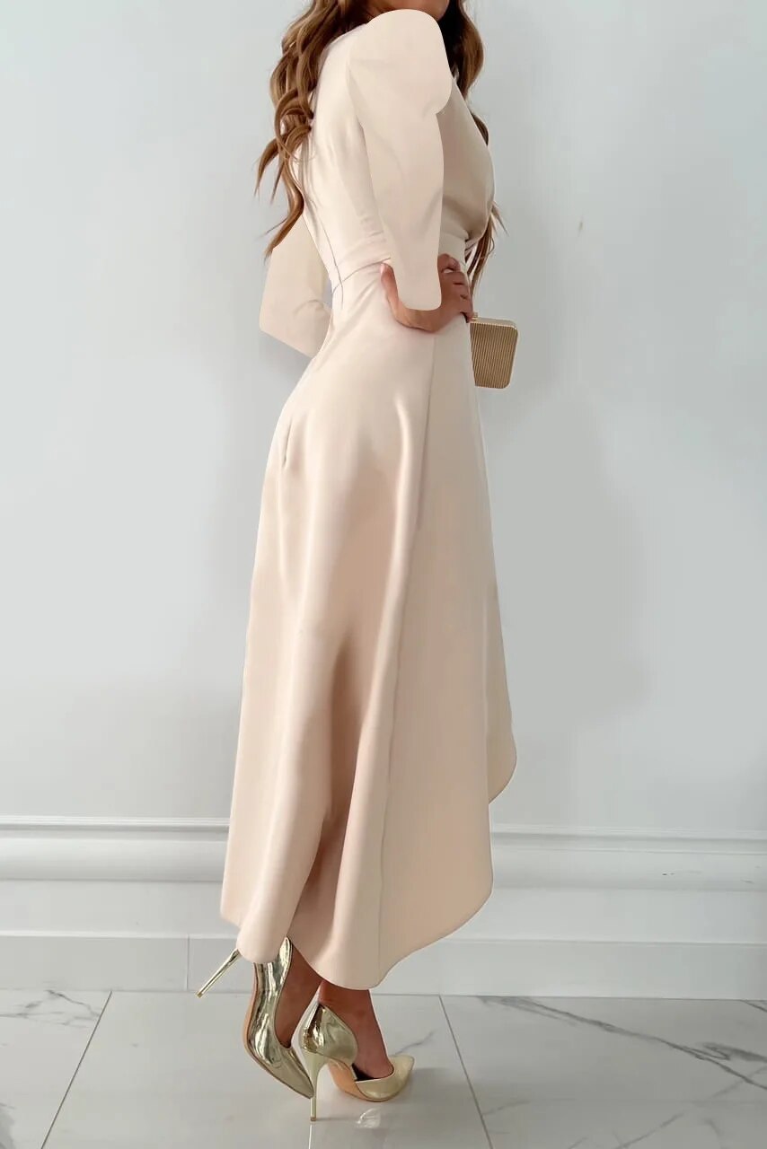 Dámske spoločenské midi šaty – elegantný model s dlhými rukávmi a výstrihom do V na svadby a večerné nosenie
