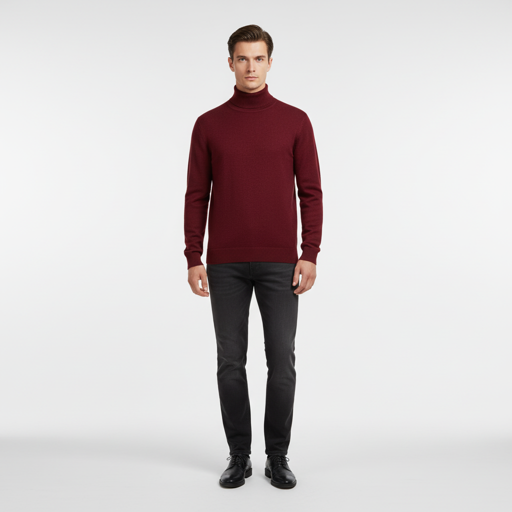Herres finstrikkede rullekravesweater med ribkant