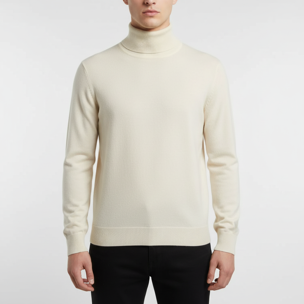Herres finstrikkede rullekravesweater med ribkant