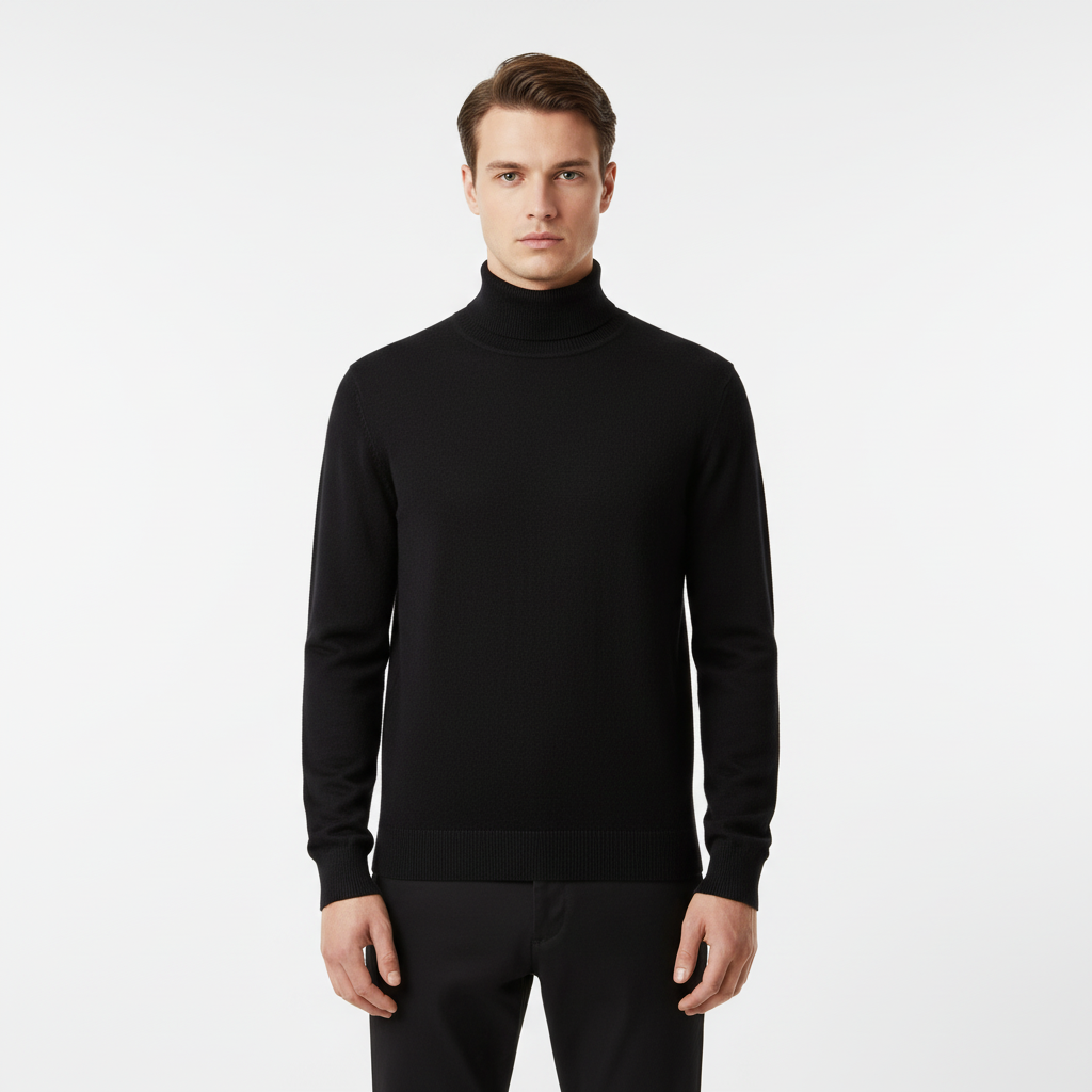 Herres finstrikkede rullekravesweater med ribkant