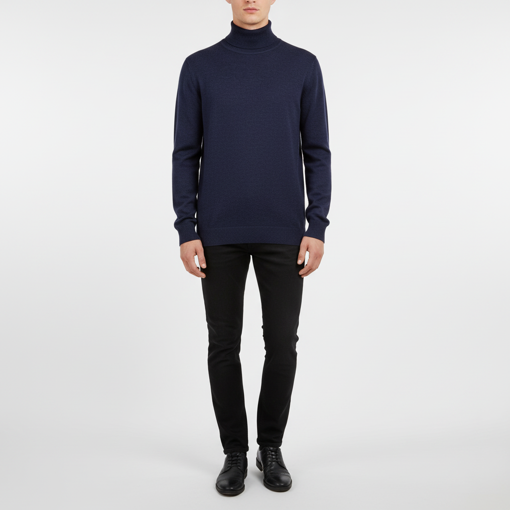 Herres finstrikkede rullekravesweater med ribkant