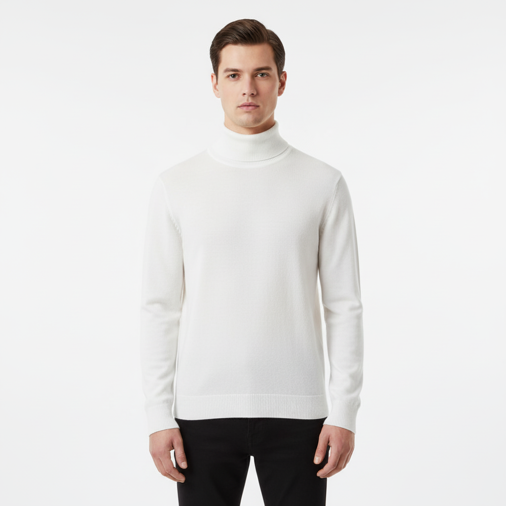 Herres finstrikkede rullekravesweater med ribkant