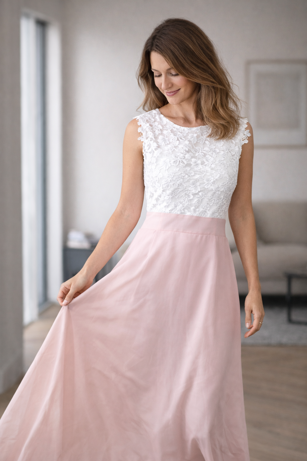 Ärmelloses Damen-Brautjungfernkleid aus Spitzenchiffon – zweifarbiges Maxikleid mit hoher Taille für Hochzeiten und festliche Anlässe
