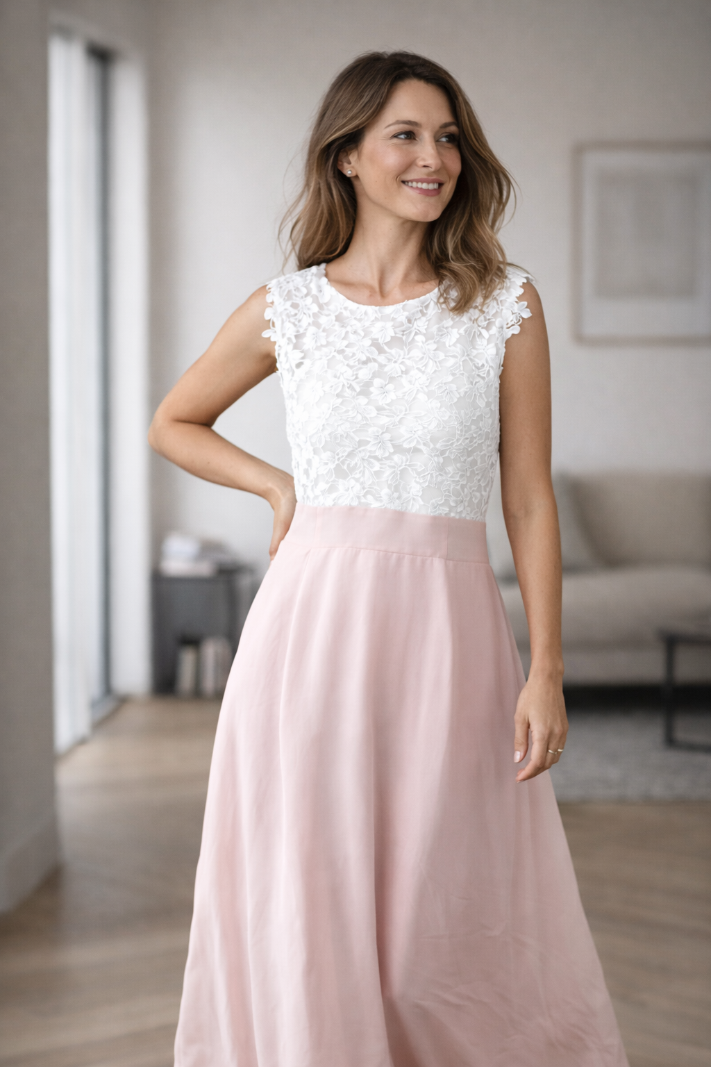 Ärmelloses Damen-Brautjungfernkleid aus Spitzenchiffon – zweifarbiges Maxikleid mit hoher Taille für Hochzeiten und festliche Anlässe