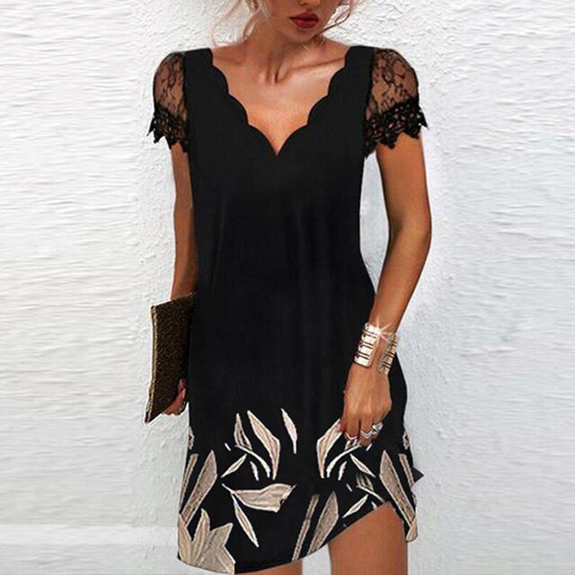Women’s Lace Sleeve Mini Dress Scalloped V Neck Asymmetric Hem Elegant Party Style