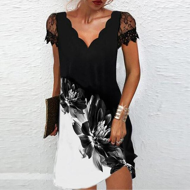 Women’s Lace Sleeve Mini Dress Scalloped V Neck Asymmetric Hem Elegant Party Style