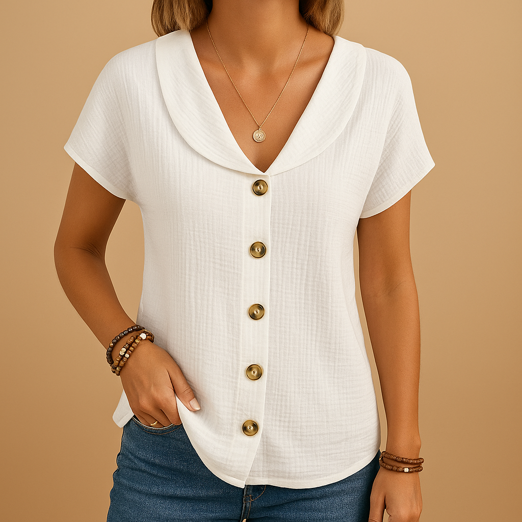Women’s Short-Sleeved Blouse with Shawl Collar and Button Front – Relaxed Textured Style for Summer Days and Smart Casual Office Outfits