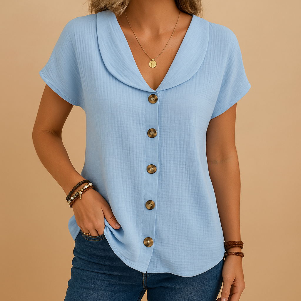 Women’s Short-Sleeved Blouse with Shawl Collar and Button Front – Relaxed Textured Style for Summer Days and Smart Casual Office Outfits