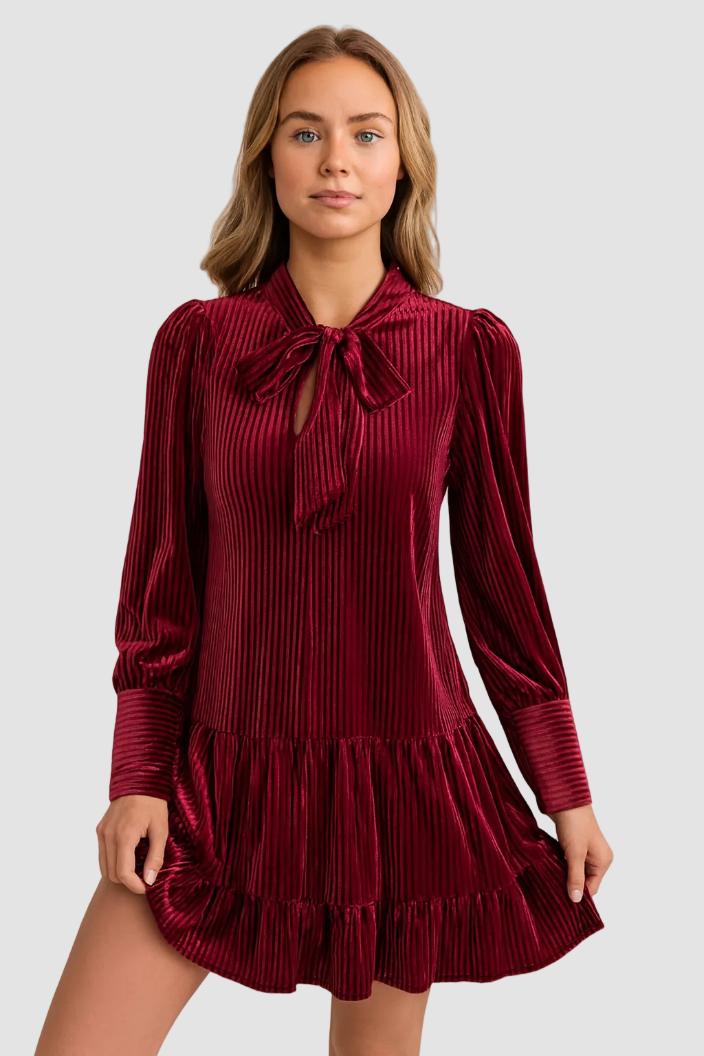 Women’s Velvet Mini Dress Bow Tie Pleated Long Sleeves