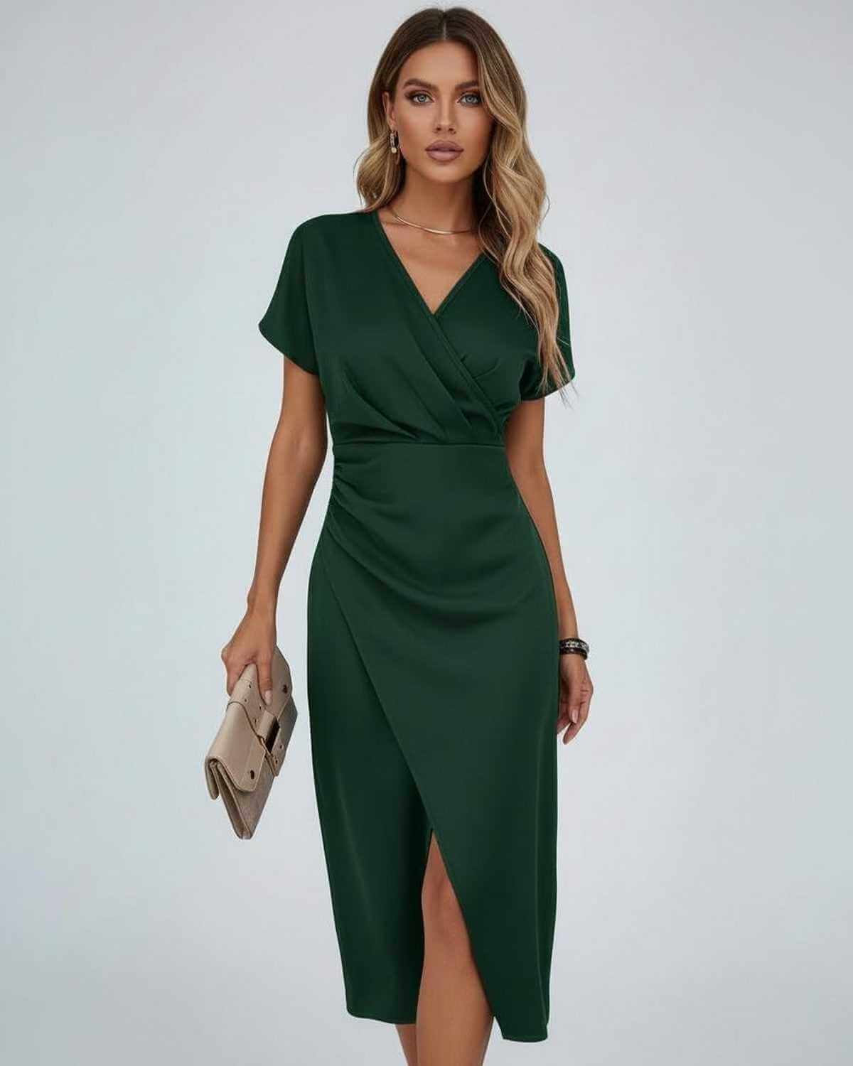 Vestido midi cruzado para mujer con cintura drapeada y abertura en el dobladillo ajustado