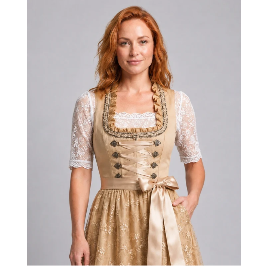 Robe dirndl midi en dentelle pour femme – Style élégant d’Oktoberfest avec taille à ruban
