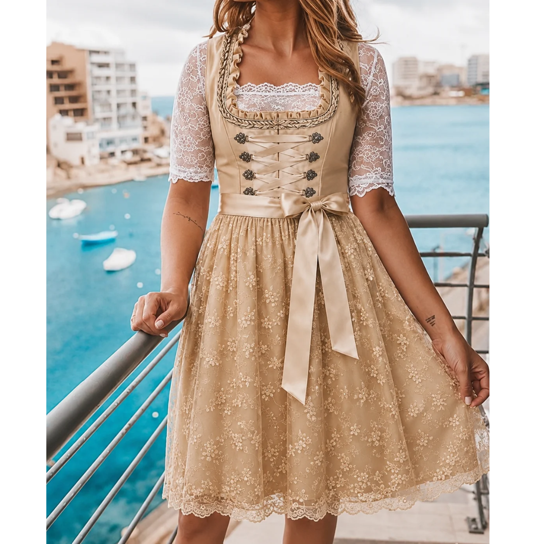 Robe dirndl midi en dentelle pour femme – Style élégant d’Oktoberfest avec taille à ruban
