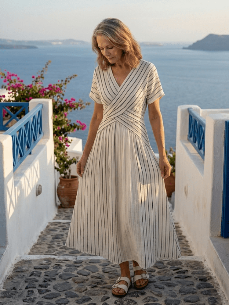 Women’s Striped Midi Dress Cross Waist Elegant Fit