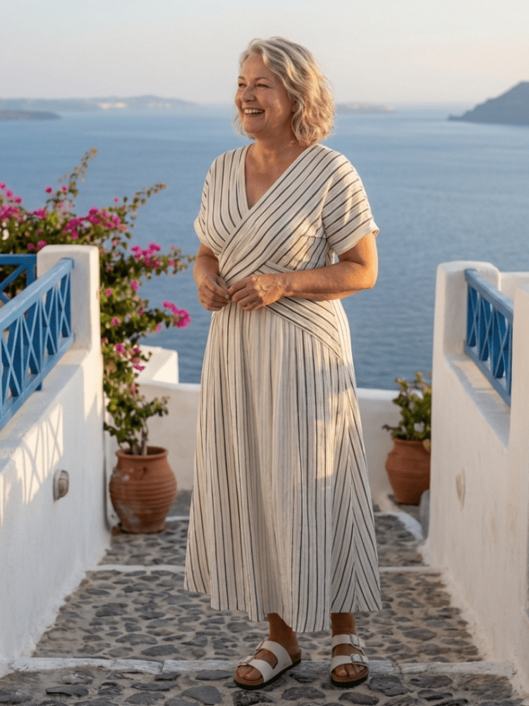 Women’s Striped Midi Dress Cross Waist Elegant Fit