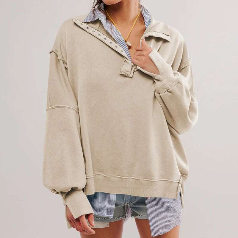 Γυναικείο φούτερ Henley σε oversized γραμμή – Μπλούζα χωρίς κουκούλα με εμφανείς ραφές και μανίκια-μπαλόνι