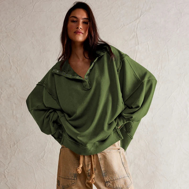 Γυναικείο φούτερ Henley σε oversized γραμμή – Μπλούζα χωρίς κουκούλα με εμφανείς ραφές και μανίκια-μπαλόνι