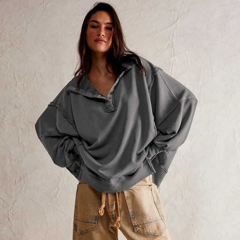 Γυναικείο φούτερ Henley σε oversized γραμμή – Μπλούζα χωρίς κουκούλα με εμφανείς ραφές και μανίκια-μπαλόνι