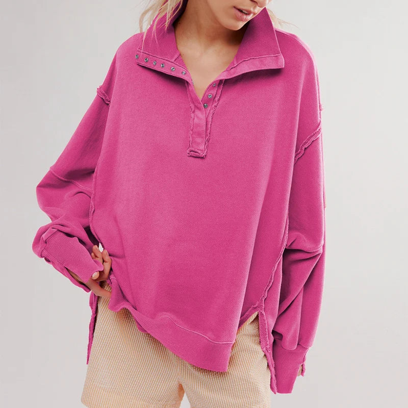 Γυναικείο φούτερ Henley σε oversized γραμμή – Μπλούζα χωρίς κουκούλα με εμφανείς ραφές και μανίκια-μπαλόνι