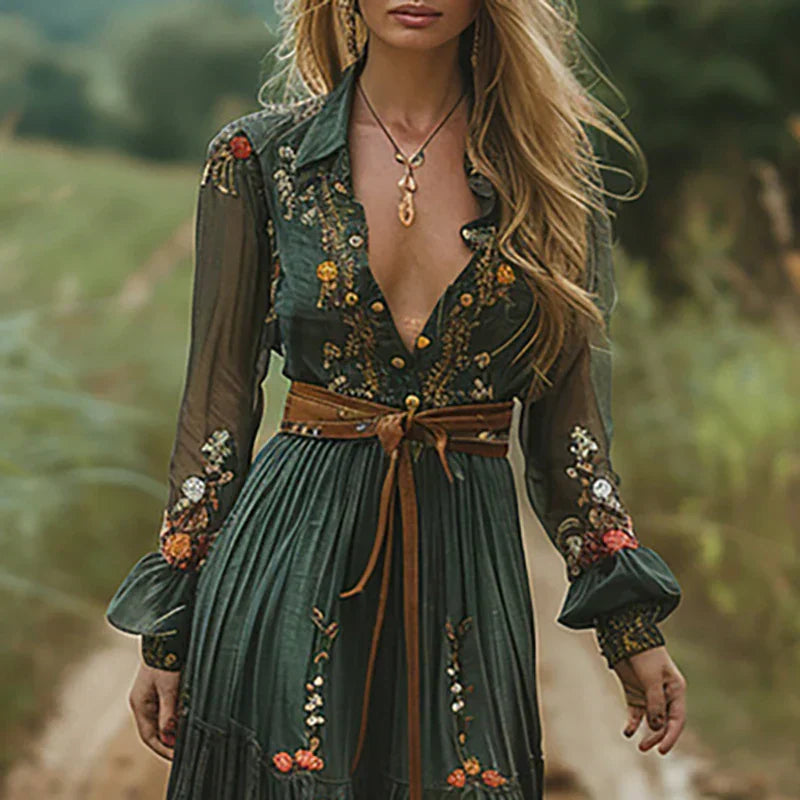 Damska haftowana sukienka maxi w stylu boho z przezroczystymi rękawami na wieczór