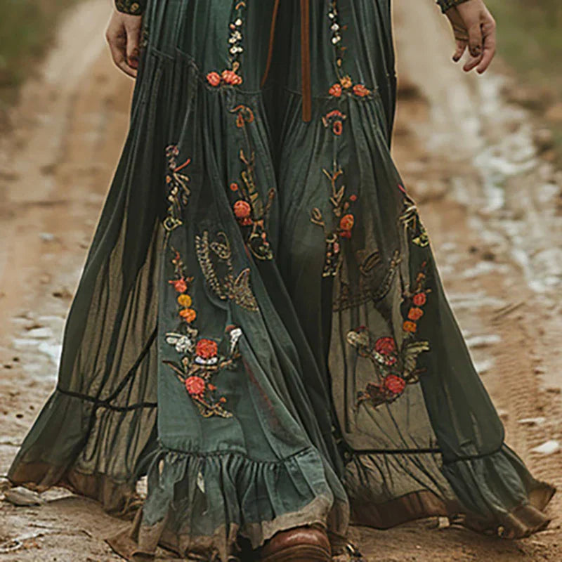 Damska haftowana sukienka maxi w stylu boho z przezroczystymi rękawami na wieczór
