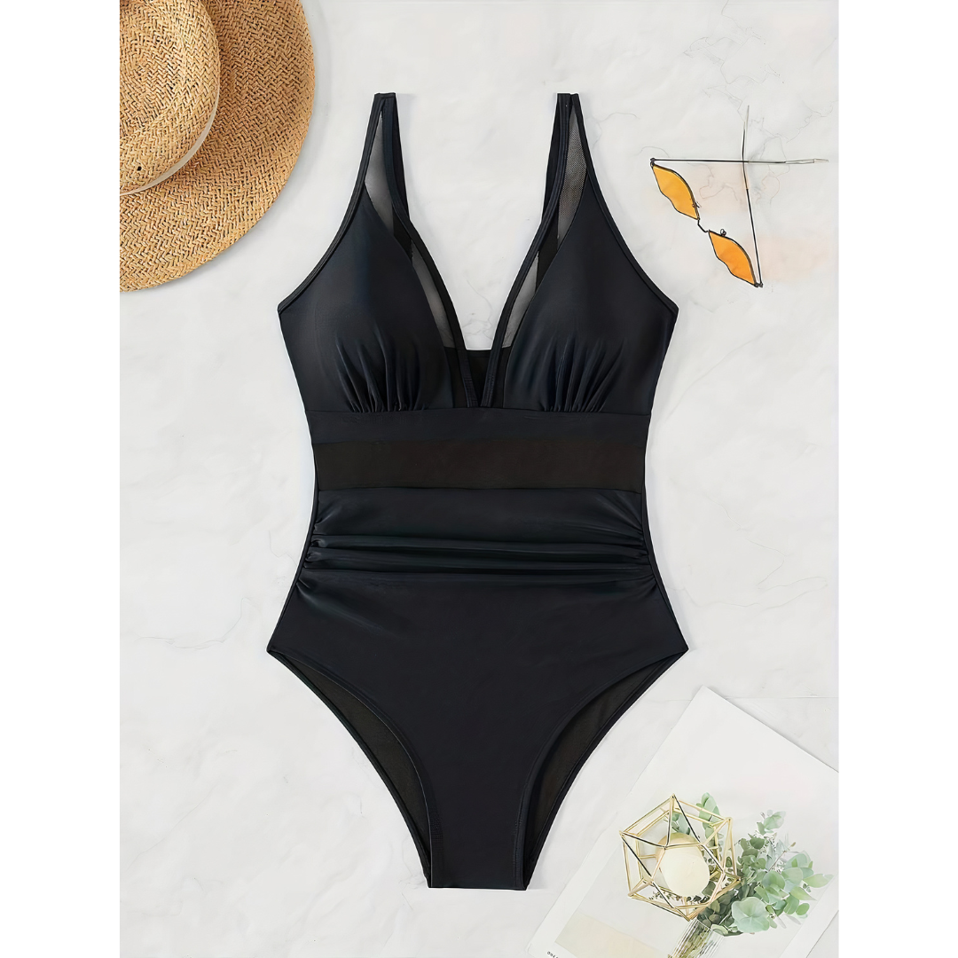 Women’s Swimsuit Deep V Mesh Panel Ruched High Waist