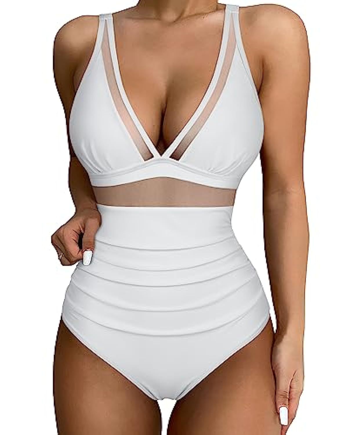 Women’s Swimsuit Deep V Mesh Panel Ruched High Waist