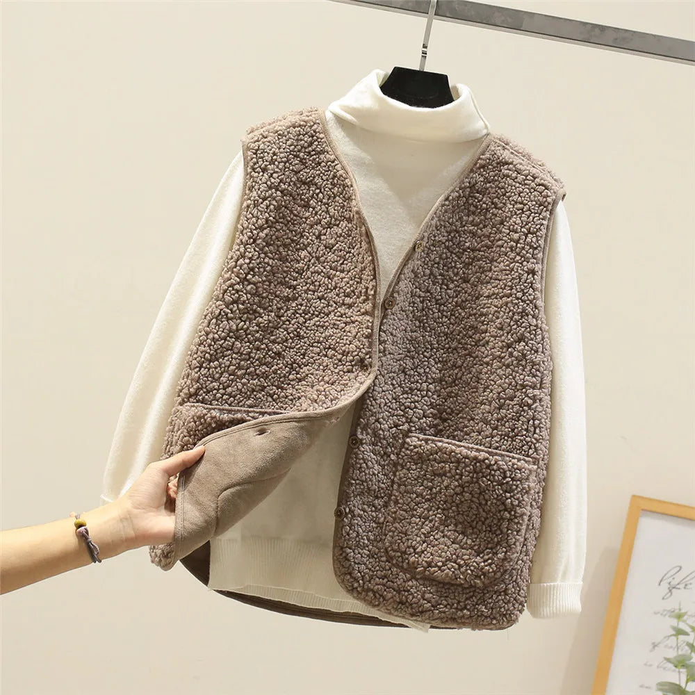 Women’s Soft Teddy Bodywarmer Vest – Relaxed Button-Up Sleeveless Layer with Pockets for Casual Autumn Winter Everyday Wear
