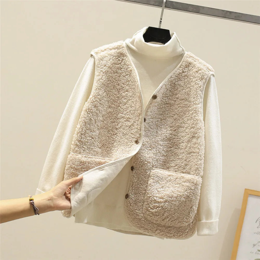 Women’s Soft Teddy Bodywarmer Vest – Relaxed Button-Up Sleeveless Layer with Pockets for Casual Autumn Winter Everyday Wear