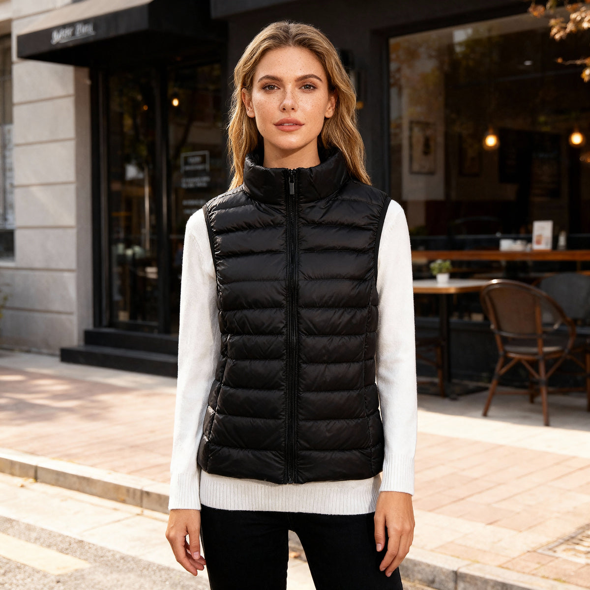 Gilet imbottito leggero da donna - Gilet trapuntato con collo alto per creare look a strati in autunno