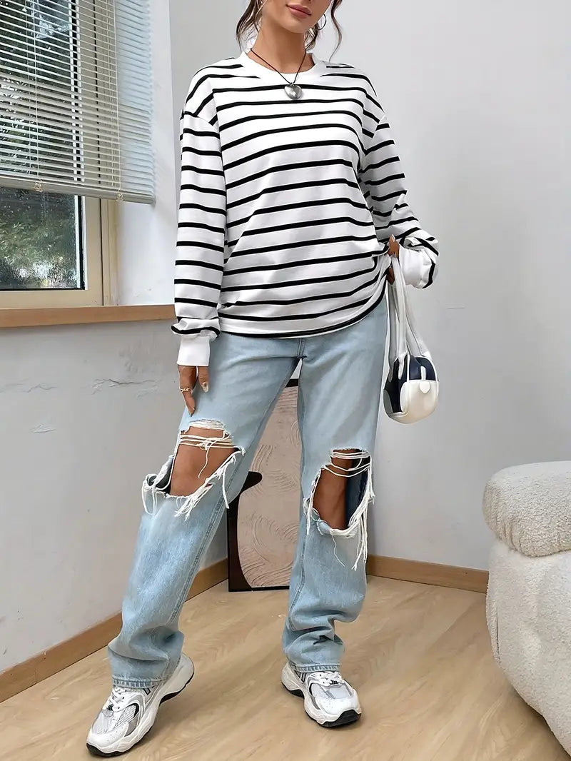 Sweat-shirt imprimé décontracté pour femme – col rond, couche casual pour l’automne et l’hiver