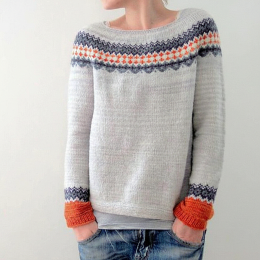 Dame strikket rundhalset sweater med print og ribkanter ved ærmerne