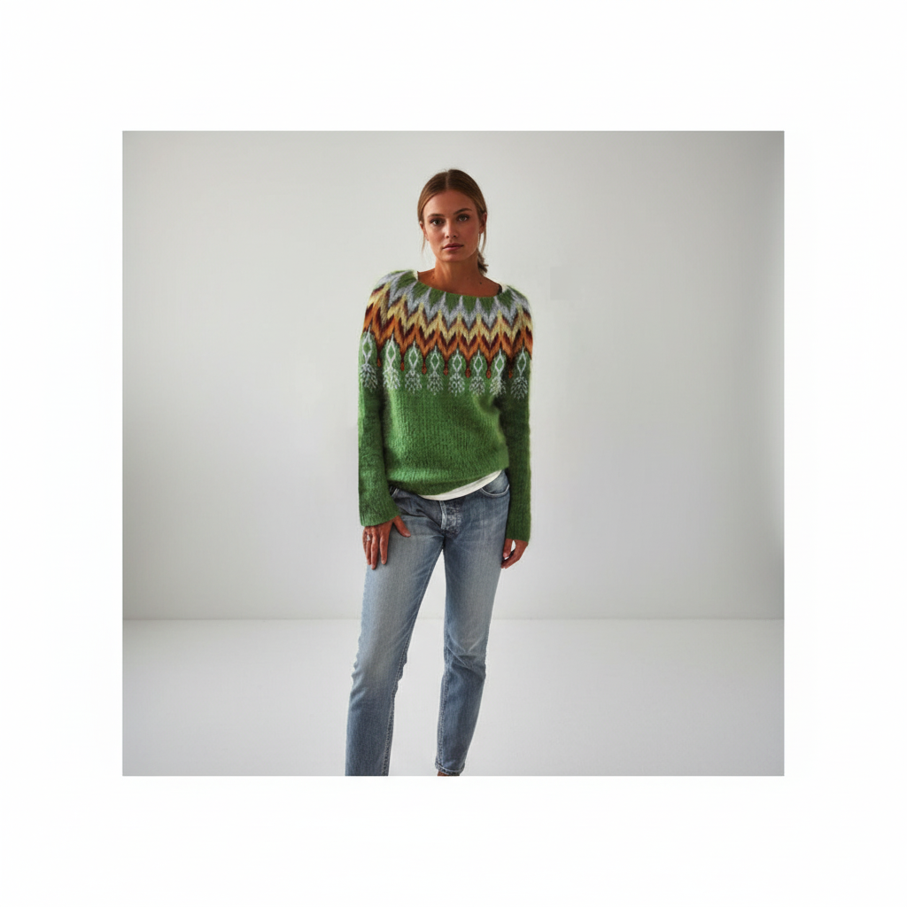 Dame strikket rundhalset sweater med print og ribkanter ved ærmerne