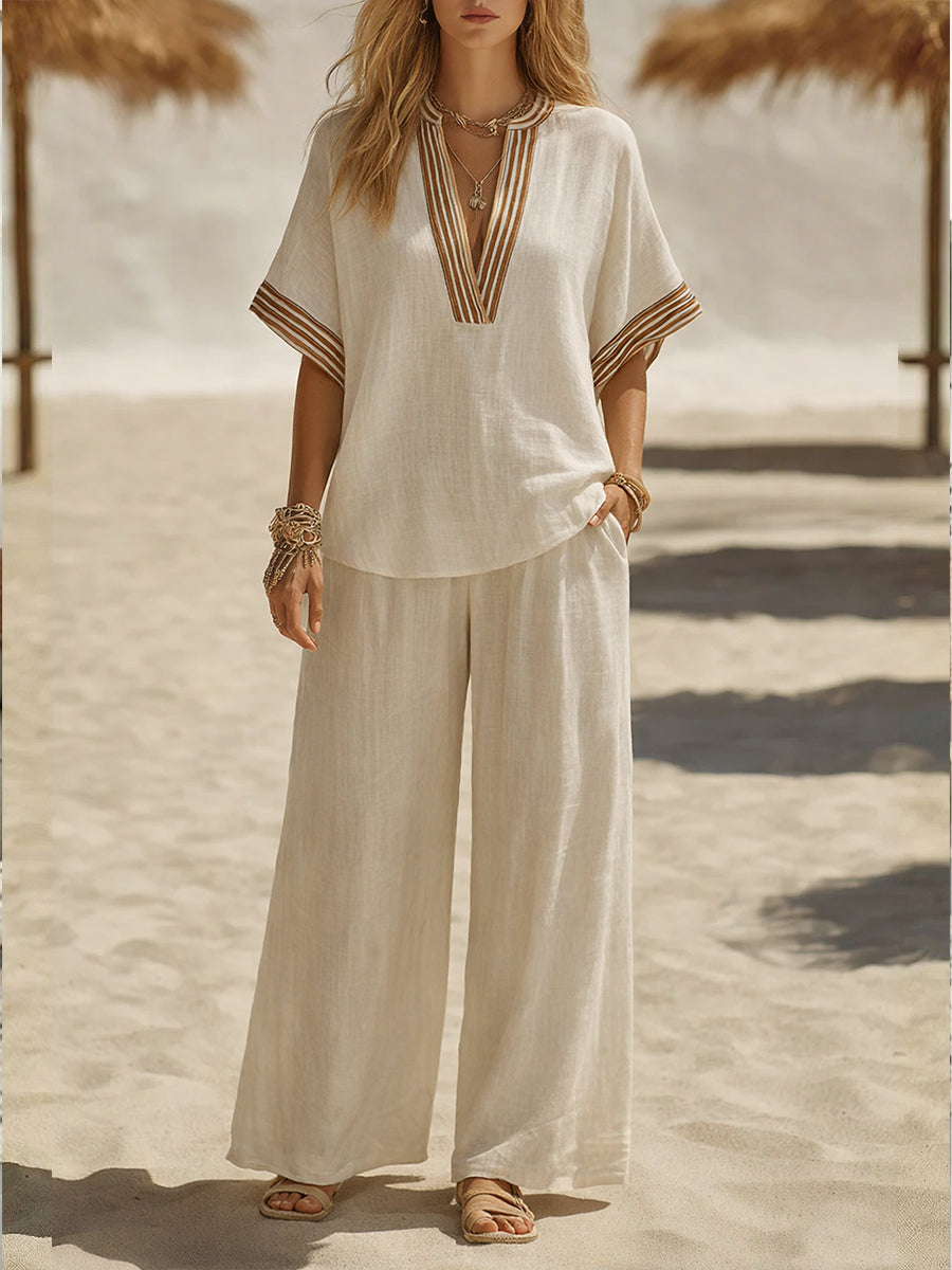 Women’s Linen Co-Ord Set with Printed Neckline Detail
