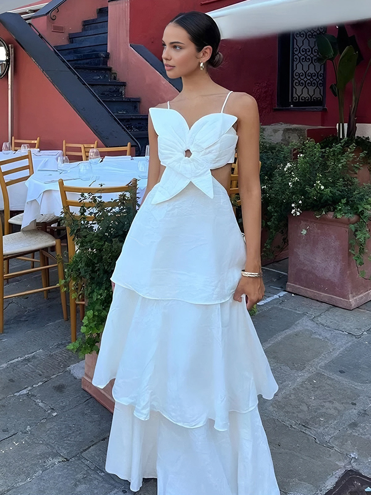 Rochie maxi pentru femei cu corset în formă de fundă și fustă cu volane stratificate