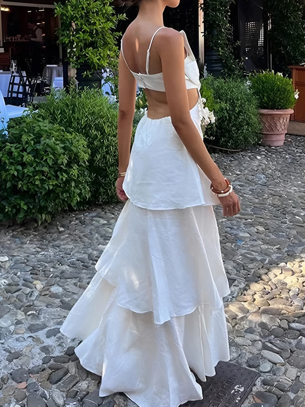 Rochie maxi pentru femei cu corset în formă de fundă și fustă cu volane stratificate