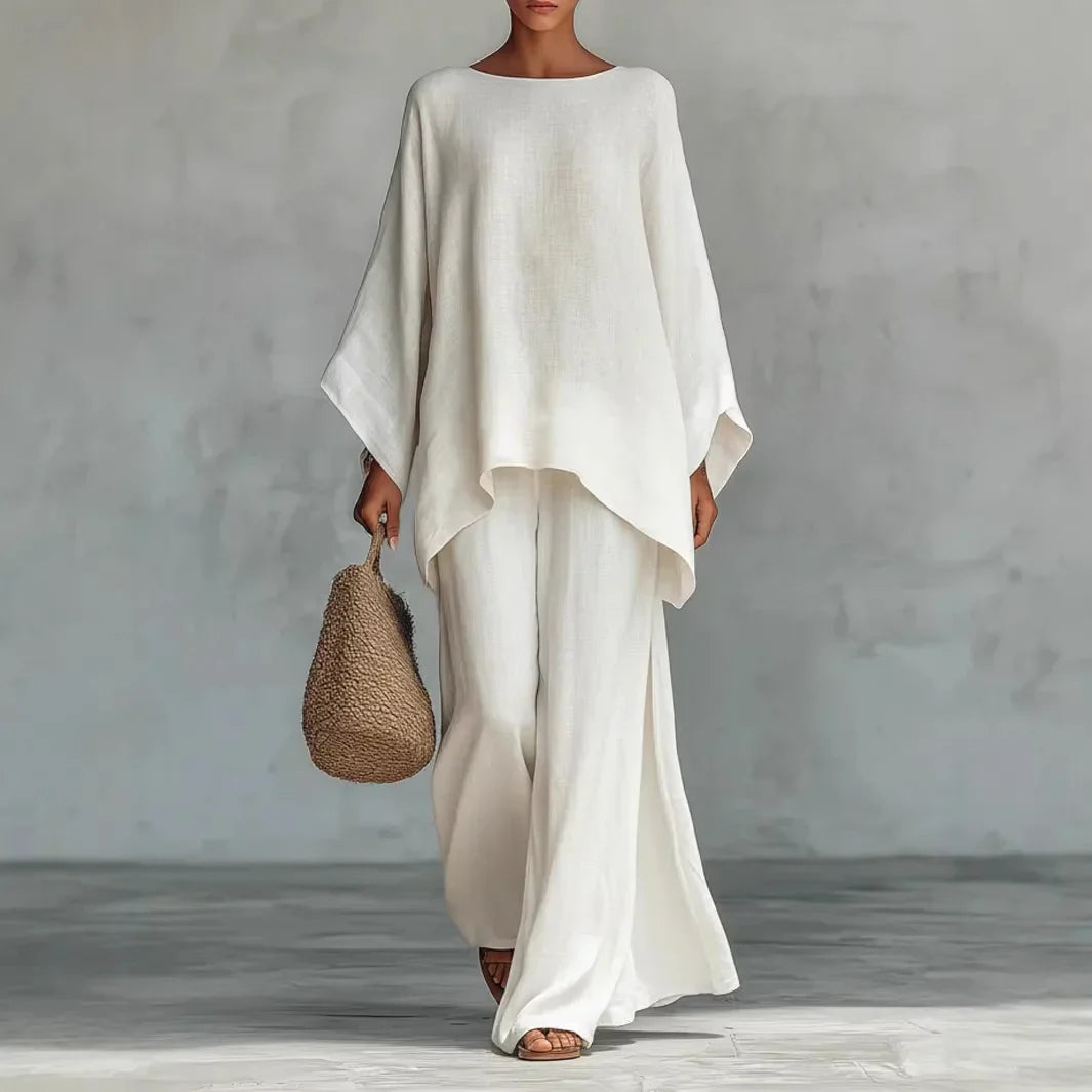 Ensemble coordonné pour femmes avec manches chauve-souris et pantalon palazzo asymétrique