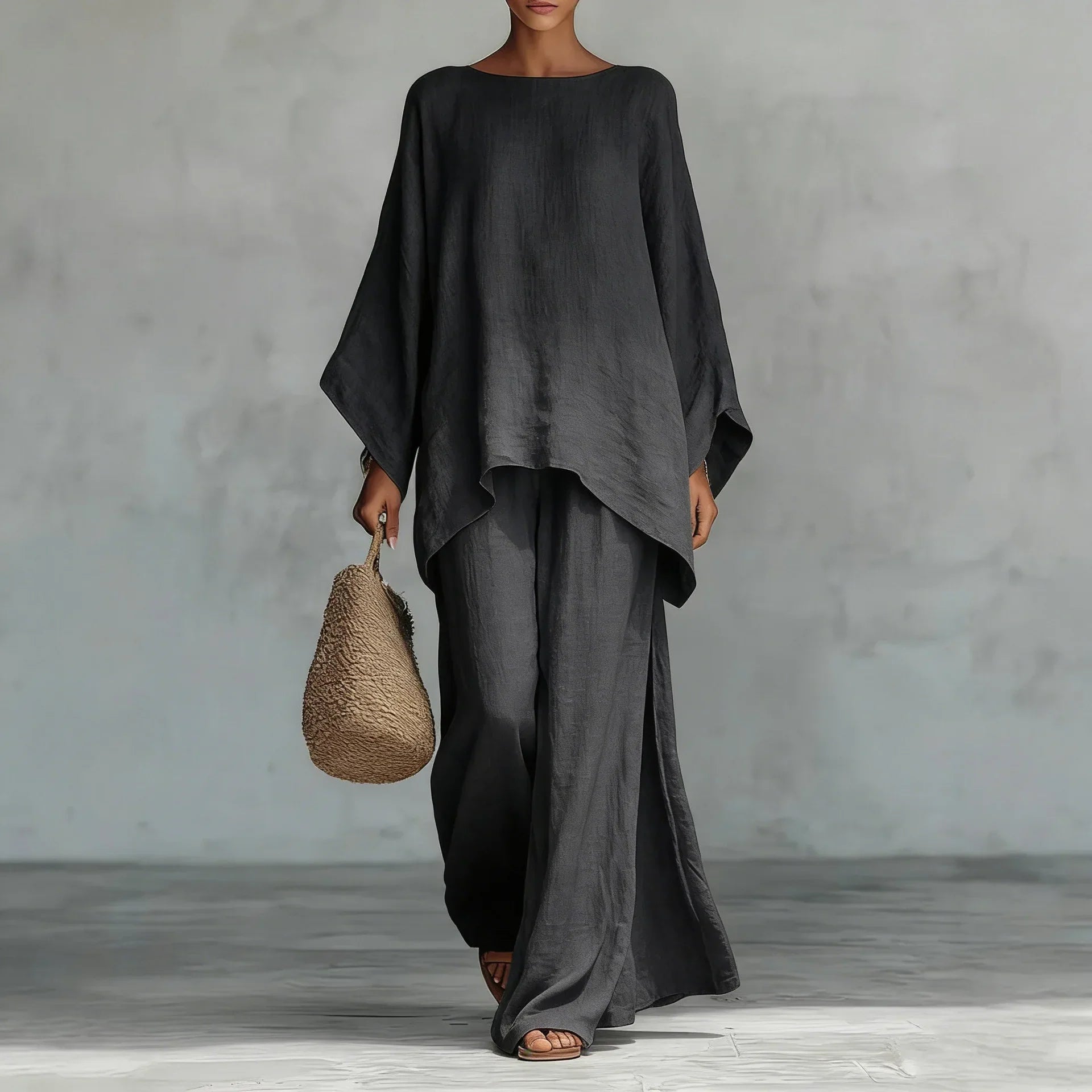 Ensemble coordonné pour femmes avec manches chauve-souris et pantalon palazzo asymétrique