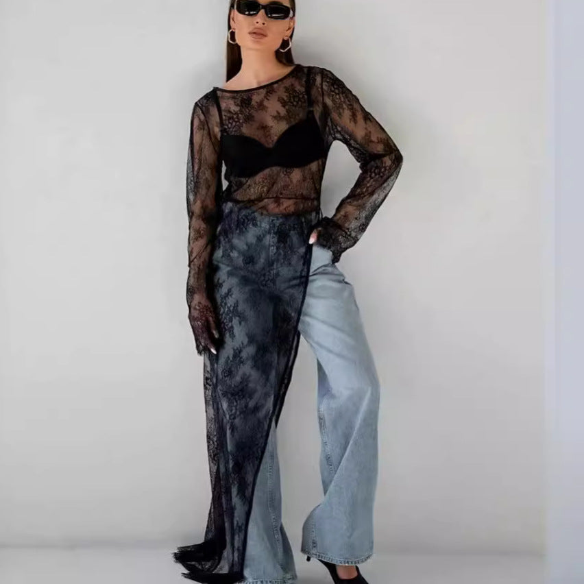 Top lungo trasparente da donna con spacco e vestibilità aderente per stratificazione