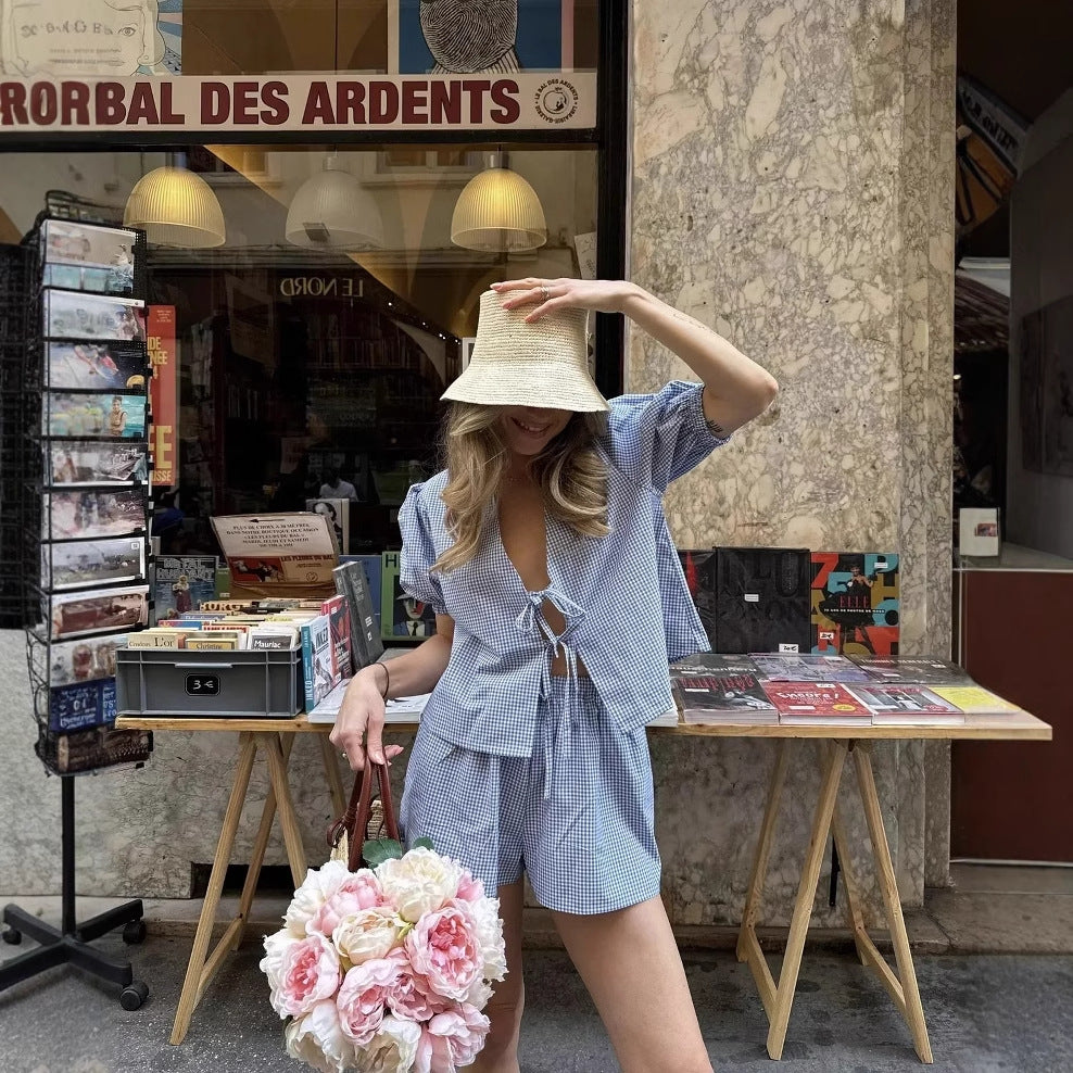 Completo coordinato donna con stampa, pantaloncini con fiocco frontale