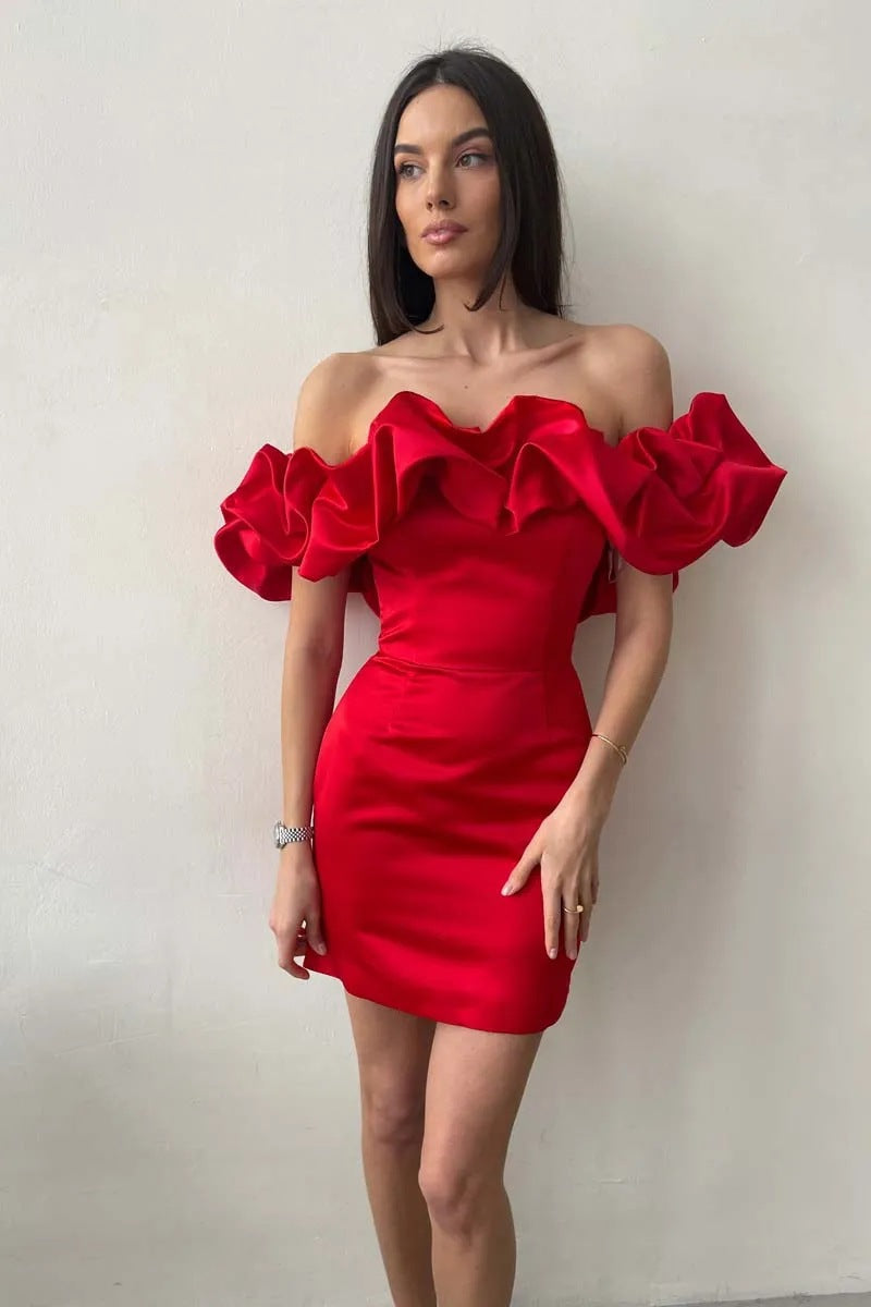 Women’s Off Shoulder Mini Dress Statement Ruffle Bodice